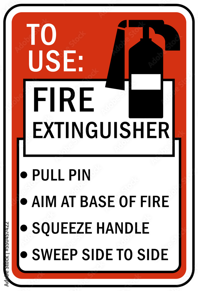 Fire extinguisher instruction sign and labels to use fire extinguisher