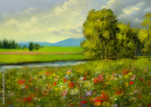 Digital oil paintings summer landscape, fine art, artwork, landscape with lake and trees, morning in the forest