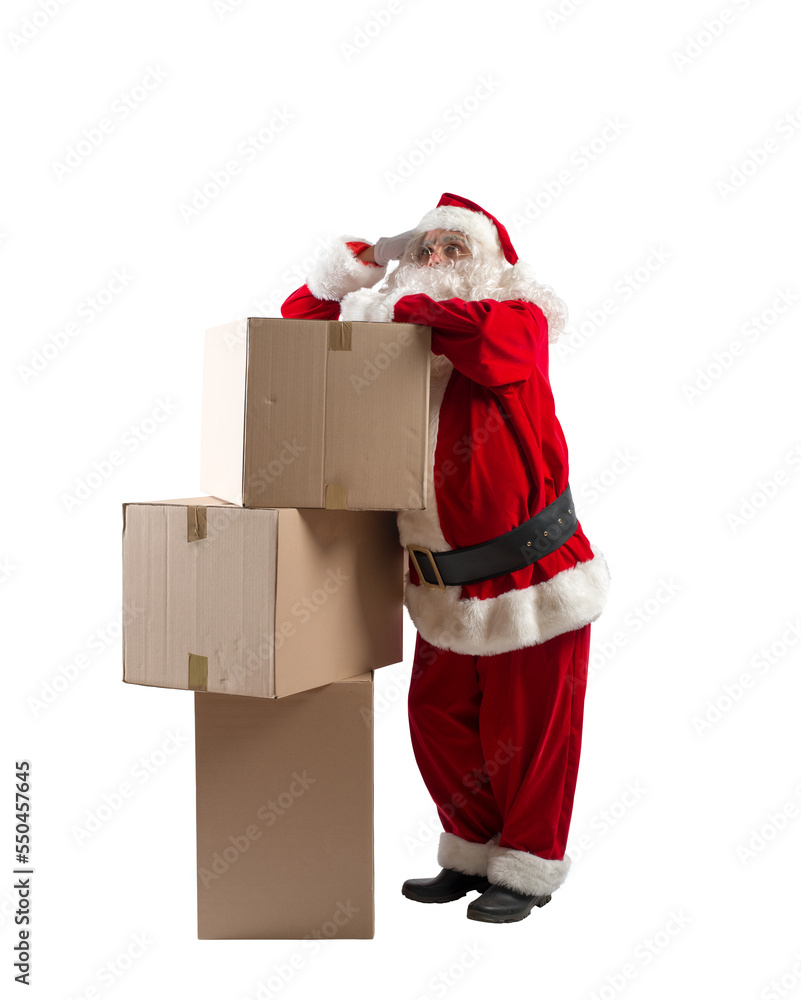 © alphaspirit - Pensive  santa claus thinks about the delivery of christmas boxes