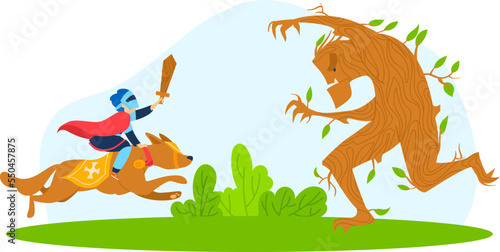 Monster fight with knight warrior in medieval armor, vector illustration. Cartoon fantasy battle in fairy tale, brave man character with sword