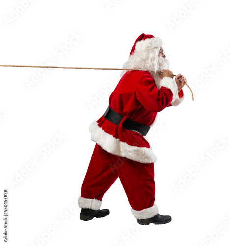 santa claus pulls a rope to move something