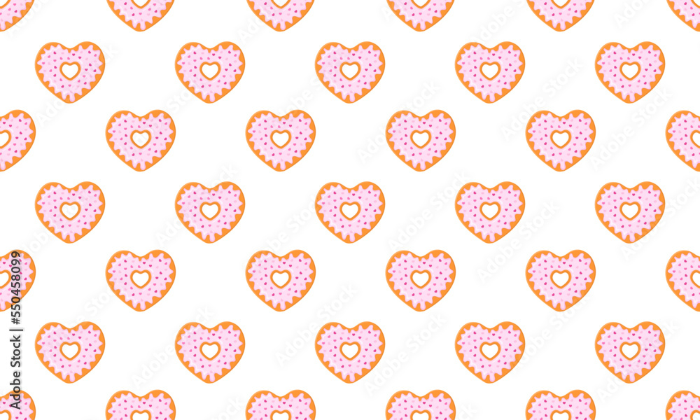 Heart shaped donut seamless pattern. Sweet doughnuts cakes background for Valentines day. Scrapbooking or wrapping paper, napkin or tablecloth textile design. Vector cartoon illustration Heart shaped donut seamless pattern. Sweet doughnuts cakes background for Valentines day. Scrapbooking or wrapping paper, napkin or tablecloth textile design. Vector cartoon illustration