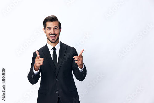 Portrait of man in expensive business suit smile with teeth happiness hands up thumbs up on white background isolated, copy place. Businessman startup technology