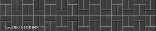 Black basketweave tile horizontal seamless pattern. Stone or ceramic brick wall background. Kitchen backsplash mosaic surface. Bathroom, shower or toilet floor texture. Vector flat illustration