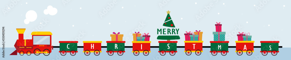 Merry Christmas, vector banner train christmas