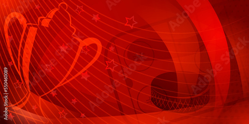 Abstract background in red colors with different hockey symbols such as puck, stick, ice rink, cup