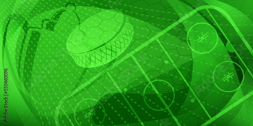 Abstract background in green colors with different hockey symbols such as puck, stick, ice rink, cup