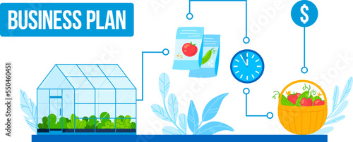 Business plan for garden agriculture in greenhouse, vector illustration. Green ecology with growing vegetable. Organic farming plantation business