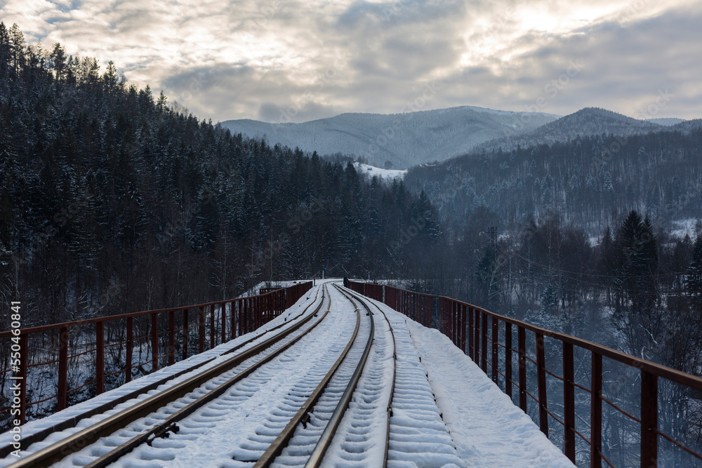 Rails on a railway bridge in snowy mountains
