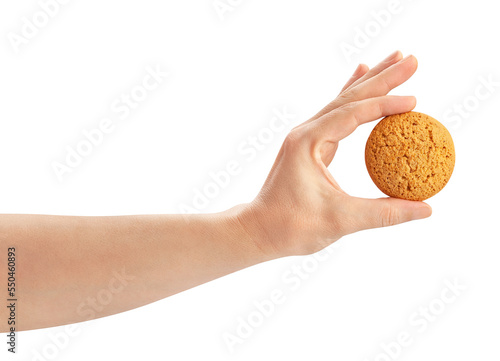 oat cookie in hand path isolated on white