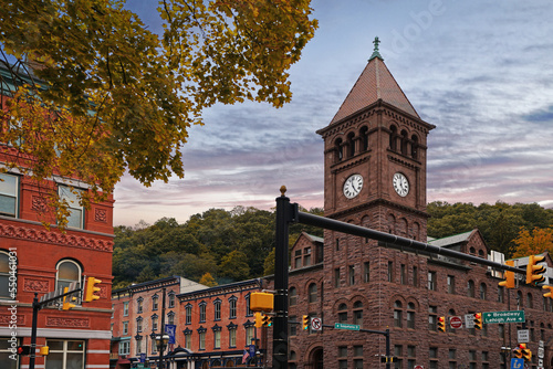 Autumn view of downtown Jim Thorpe PA with the Carbon County Courthouse building clock tower at right photo