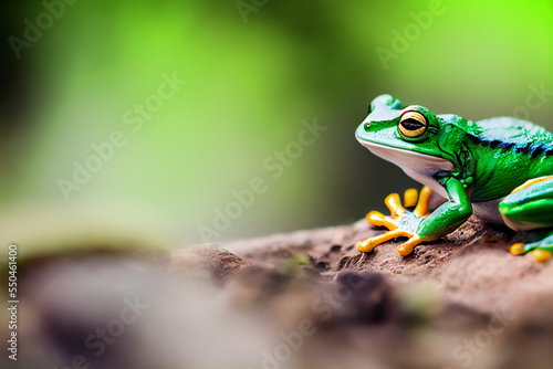 green frog sits on a branch against the background of green nature