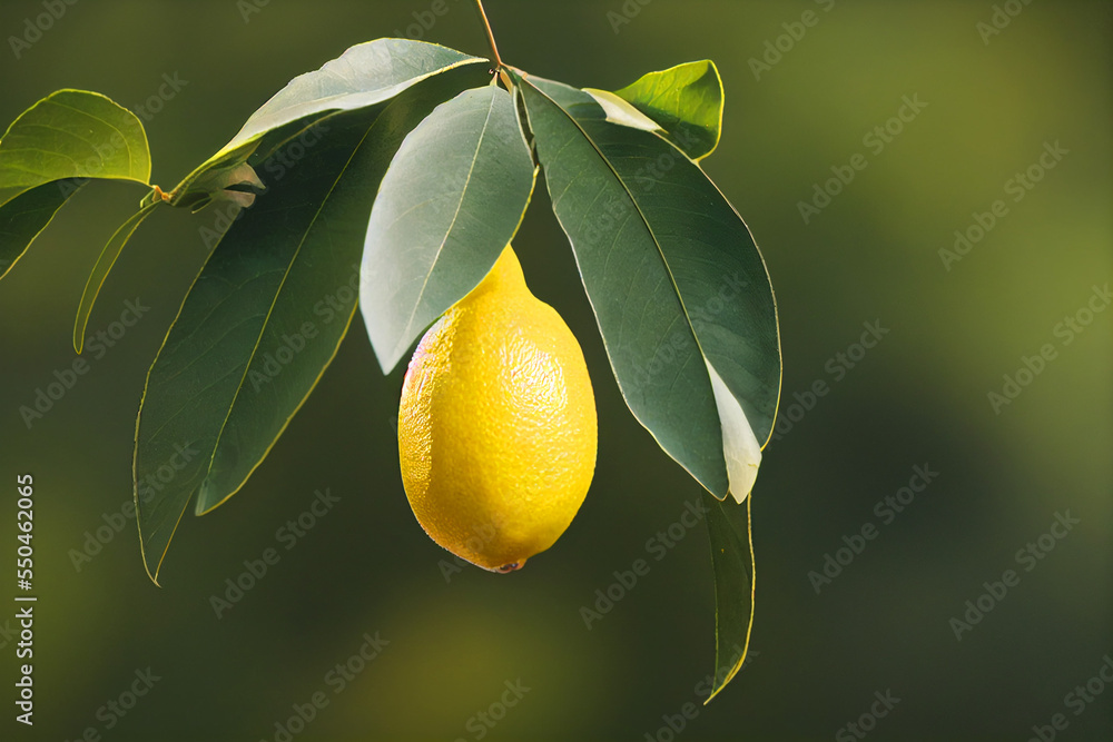 yellow lemon grows on a branch with leaves