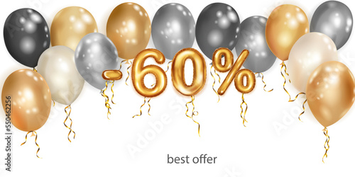 Discount creative illustration with white, black and gold helium flying balloons and golden foil numbers. 60 percent off. Sale poster with special offer on white background
