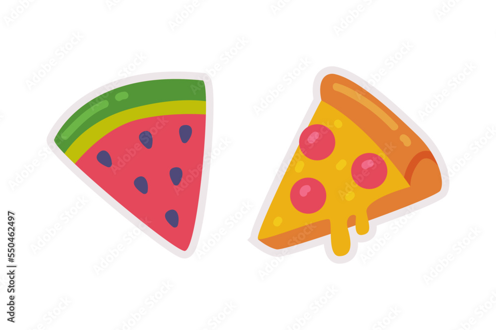 Pizza and Watermelon Cute Fashion Sticker and Patch Vector Set Pizza and Watermelon Cute Fashion Sticker and Patch Vector Set