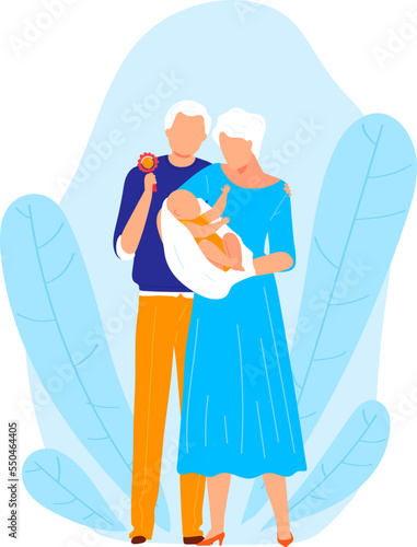 Grandparents hold baby child, grandmother grandfather senior love cartoon kid, vector illustration. Happy man woman people holding cute grandson.