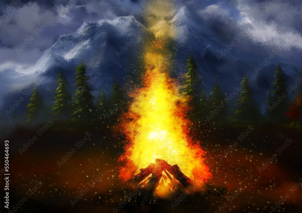 Digital paintings landscape, artwork, fire in the sky, fire in the mountains