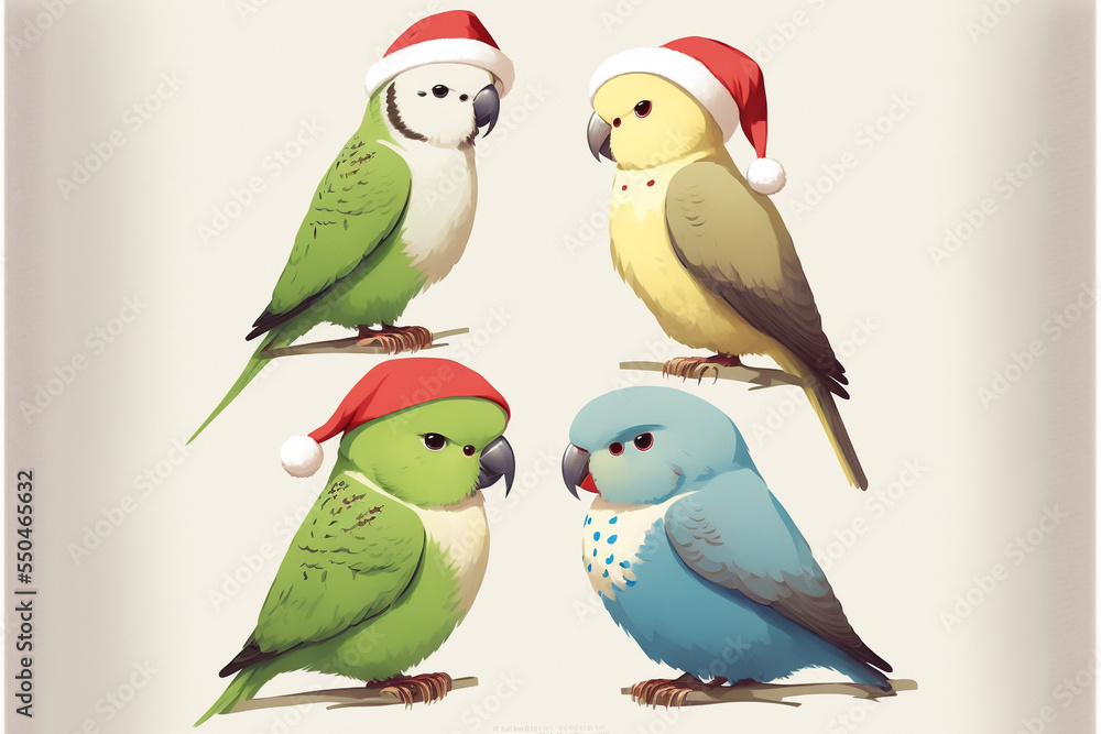 parrots with santa claus hats