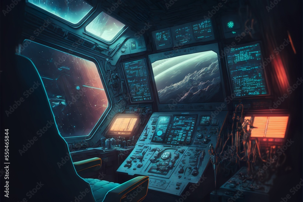 Futuristic sci-fi spaceship interior above alien planet design Stock ...