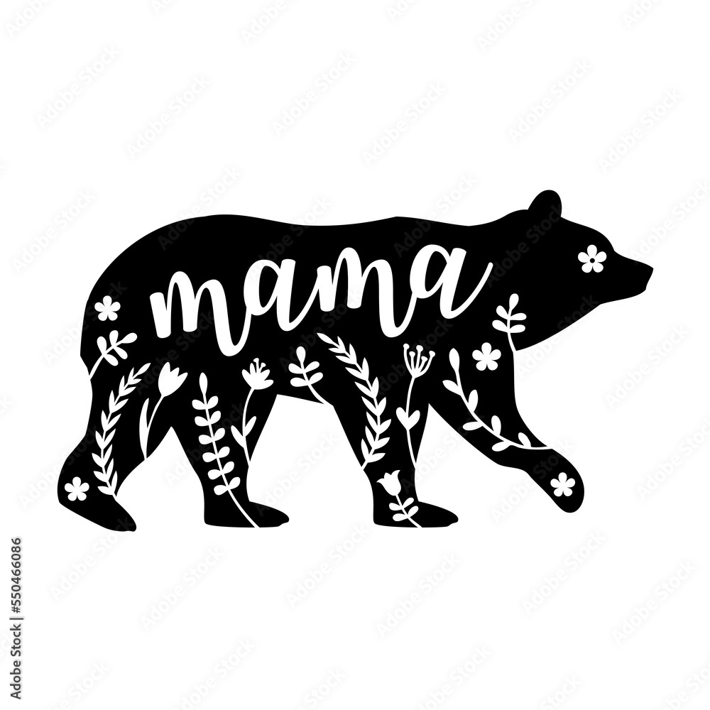 Mama bear, black animal silhouette with floral pattern, family concept ...