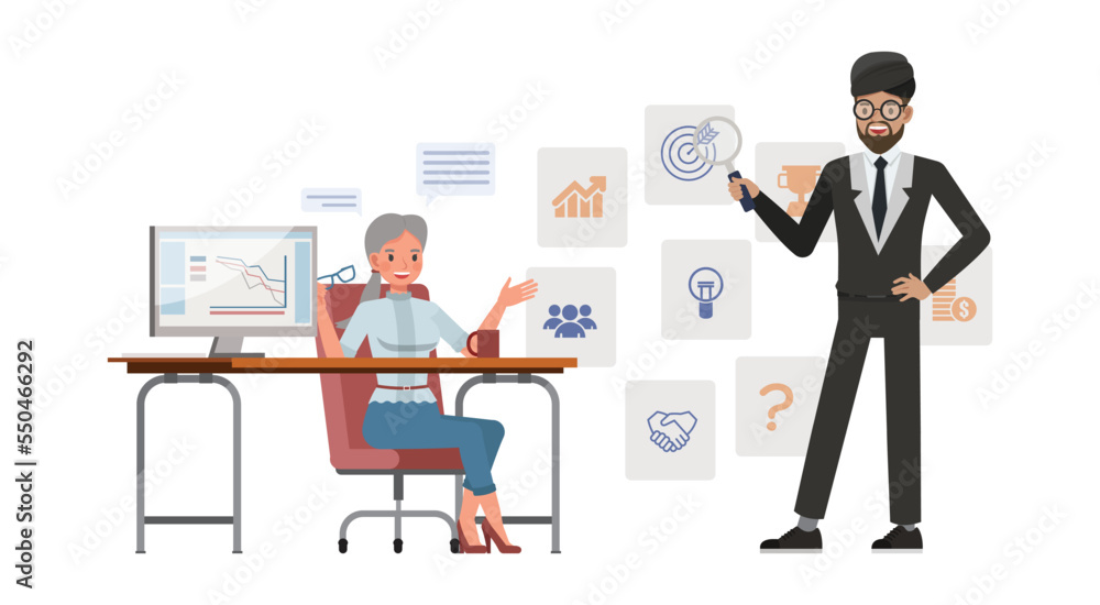 Business strategy concept. Office man and woman character vector design. Business people working in office planning, thinking and economic analysis on isolated white background. Business strategy concept. Office man and woman character vector design. Business people working in office planning, thinking and economic analysis on isolated white background.