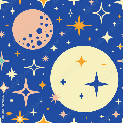 Retro vintage seamless pattern with moon and stars in 50s style . Vector illustration