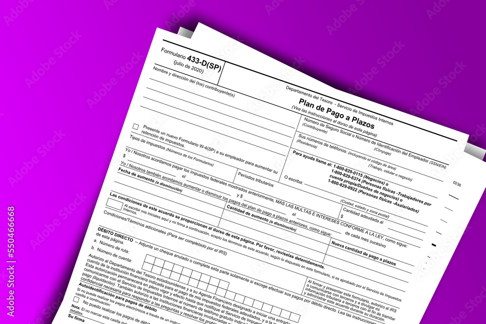 Fototapeta premium Form 433-D (SP) documentation published IRS USA 44052. American tax document on colored