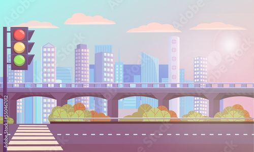 Cityscape, skyline with skyscrapers and clouds or smog. Bridge and empty streets with pedestrian crossing, zebra for people. City modern town. Vector illustration in flat cartoon style