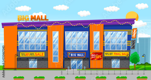Big mall construction with panoramic windows and advertising board with discount symbol. Shopping building with special promotions in city near skyscrapers. Poster with sale on supermarket vector