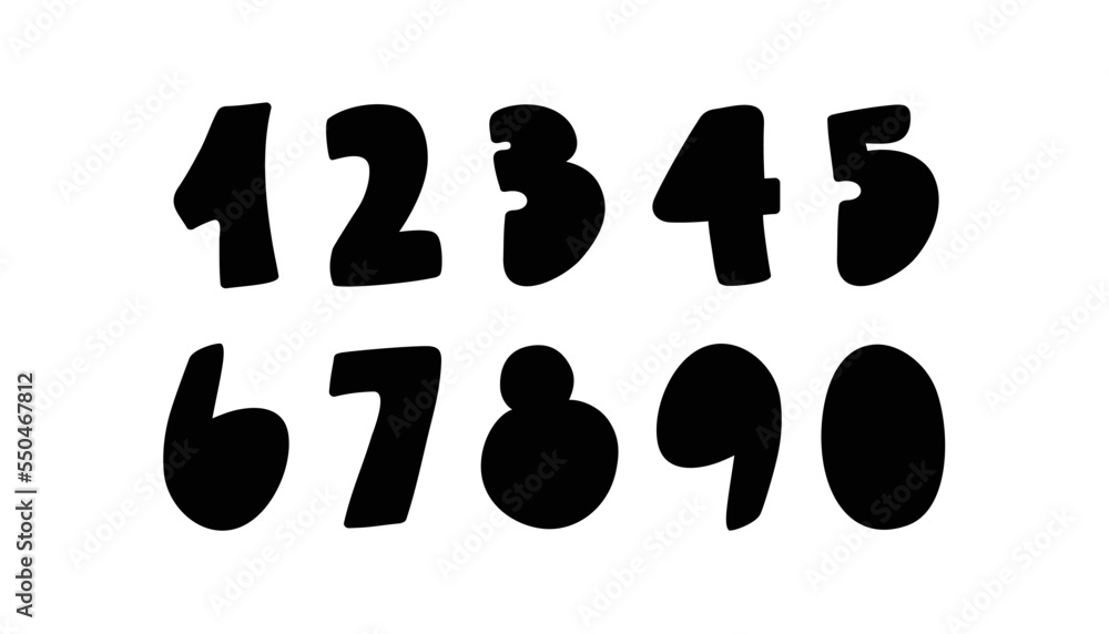 A set of numbers for writing the date of the anniversary, new year in cartoon style. Digit silhouettes for mathematical formulas. Black and white graphics. A set of numbers for writing the date of the anniversary, new year in cartoon style. Digit silhouettes for mathematical formulas. Black and white graphics.