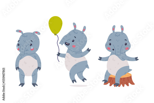 Cute Grey Tapir Animal with Proboscis with Balloon, Crying and Sitting on Tree Stump Vector Set