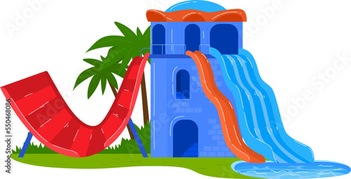 Castle slide, fun activity in outdoor water park vector illustration. Cartoon summer holiday leisure, pool design for play. Recreation at aquapark