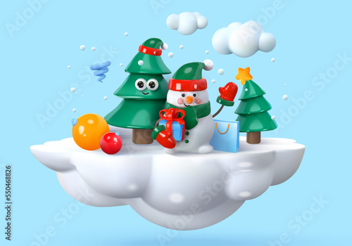 Christmas, children's characters on a snow cloud or a podium with a gift. Snowman, tree. Vector graphics