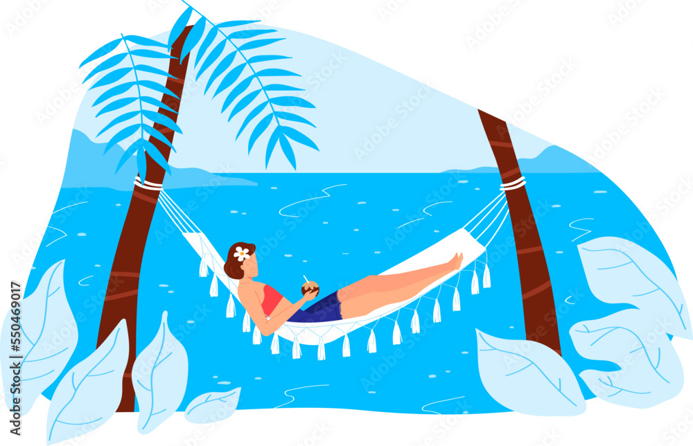 Woman at beach hammock, girl at summer holiday vacation, vector illustration. Cartoon person relax at tropical nature, rest near palm.
