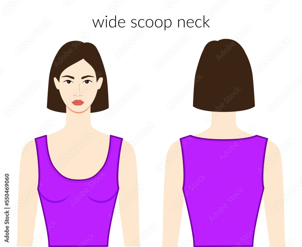 Wide scoop neckline clothes character beautiful lady in purple top, shirt, dress technical fashion illustration with fitted body. Flat apparel template front, back sides. Women, men unisex CAD mockup Wide scoop neckline clothes character beautiful lady in purple top, shirt, dress technical fashion illustration with fitted body. Flat apparel template front, back sides. Women, men unisex CAD mockup