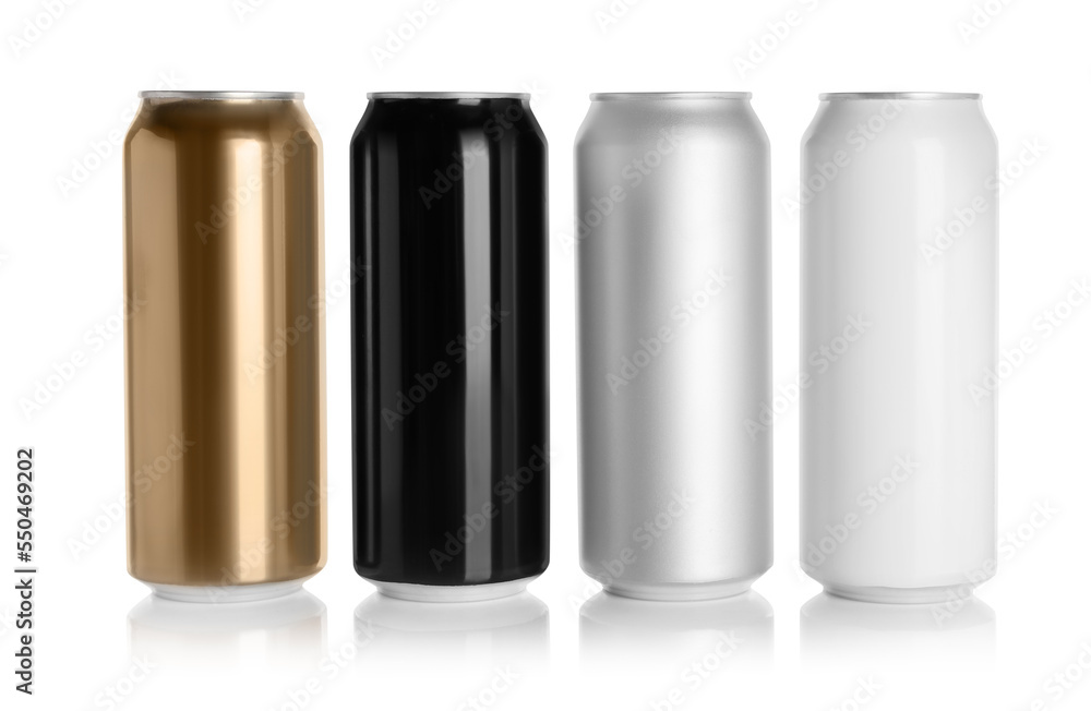 Set of aluminum cans with drinks on white background Set of aluminum cans with drinks on white background