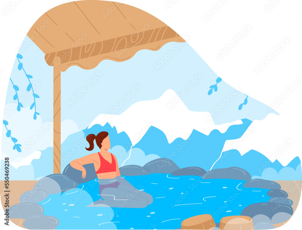 Woman at japan vacation, japanese hot spring bath for female character vector illustration. Relax at rock nature, cartoon hot water with steam.