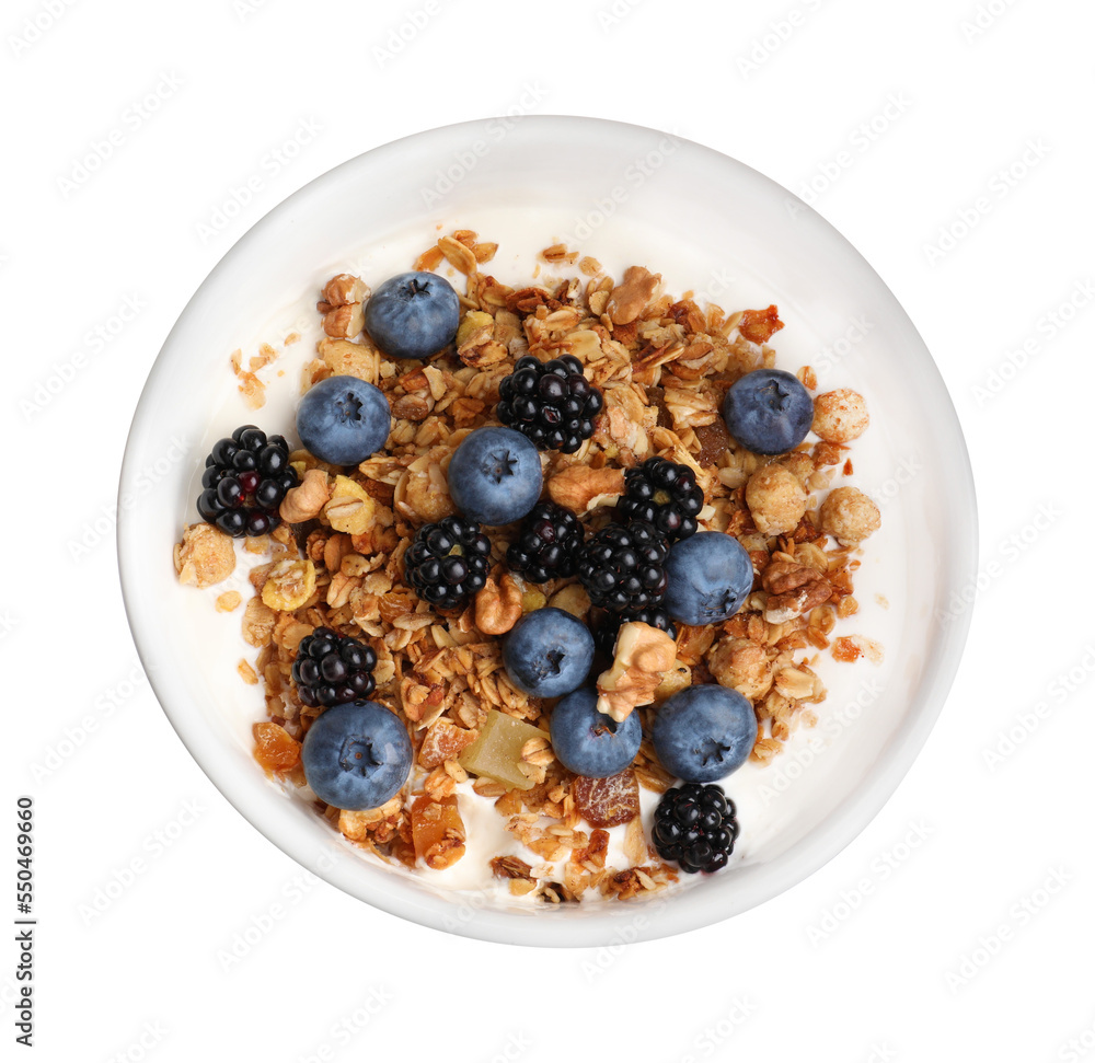 Bowl of healthy muesli with berries and yogurt isolated on white, top view Bowl of healthy muesli with berries and yogurt isolated on white, top view