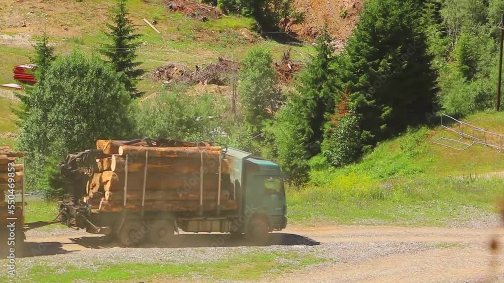 Transportation of timber on a truck on the mountain road. Timber