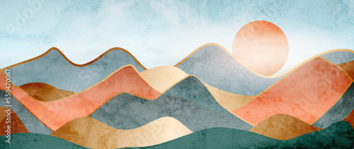 Luxury landscape art background in watercolor style with golden elements in line style. Banner with mountains and hills for wallpaper design, decor, print, textile, interior design, packaging.