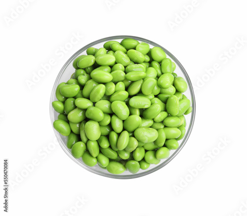 Bowl with fresh edamame soybeans on white background, top view