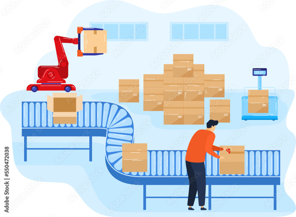 Industry line at factory, worker stand at industrial process in machine robot technology, vector illustration. Man character use automation equipment Industry line at factory, worker stand at industrial process in machine robot technology, vector illustration. Man character use automation equipment