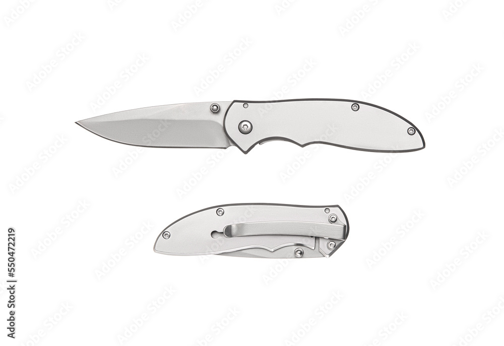 Pocket folding knife isolate on white back. Compact metal sharp knife with a folding blade. Pocket folding knife isolate on white back. Compact metal sharp knife with a folding blade.
