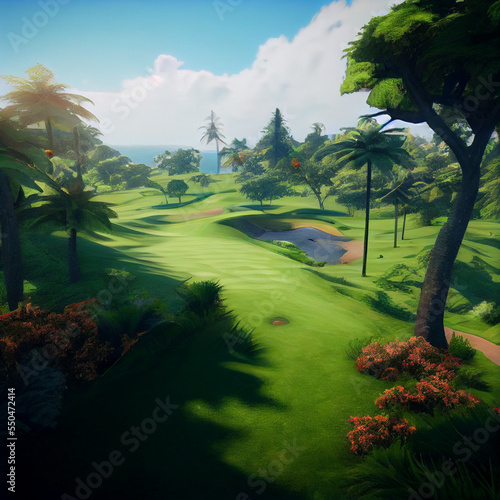 Fantasy Golf Course - Hawaiian Paradise Hawaii - Beautiful Lush Green foliage and freeway with muntains and sky