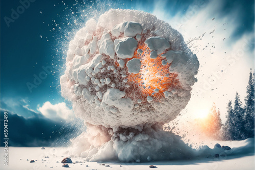 Obraz na plátně Huge exploding snowball consumed with vivid fire and expansion gases and remnants