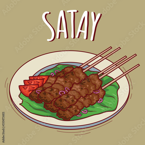 Sate or satay illustration Indonesian food with cartoon style