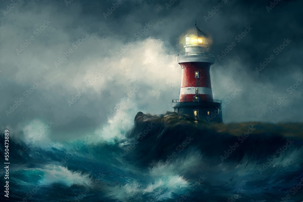 Oil paintings sea landscape, fine art, artwork, lighthouse on the coast, lighthouse in the night