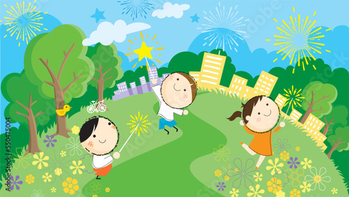 Childrens  Day poster  banner design. Happy school children playing in the park  having fun activities.