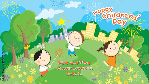 Childrens  Day poster  banner design. Happy school children playing in the park  having fun activities.