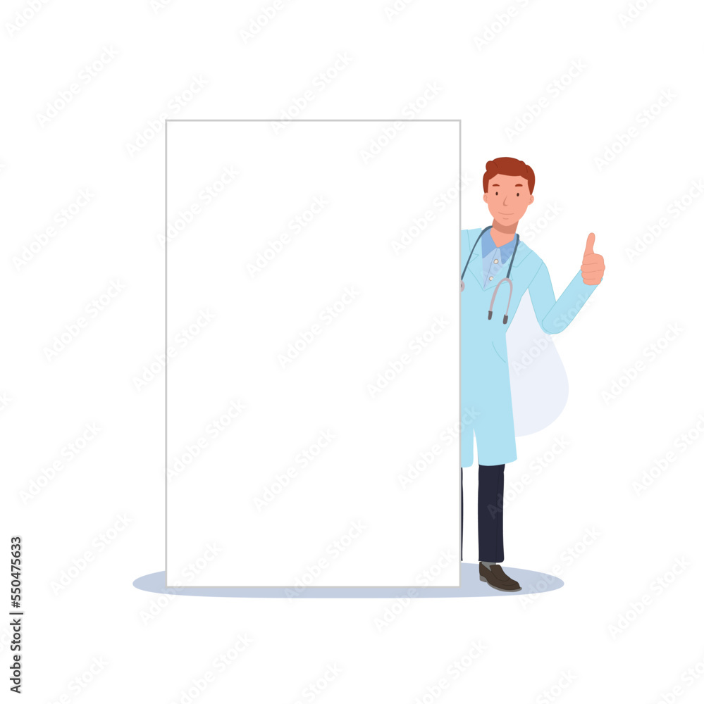 The male doctor is behind the blank board and show hand with thumb up. Flat vector cartoon character illustration The male doctor is behind the blank board and show hand with thumb up. Flat vector cartoon character illustration